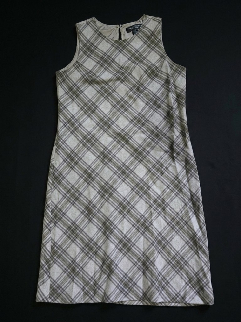 Willi Smith Vintage 90s Tailored Wool Sleeveless Plaid Shift Dress Olive & Cream